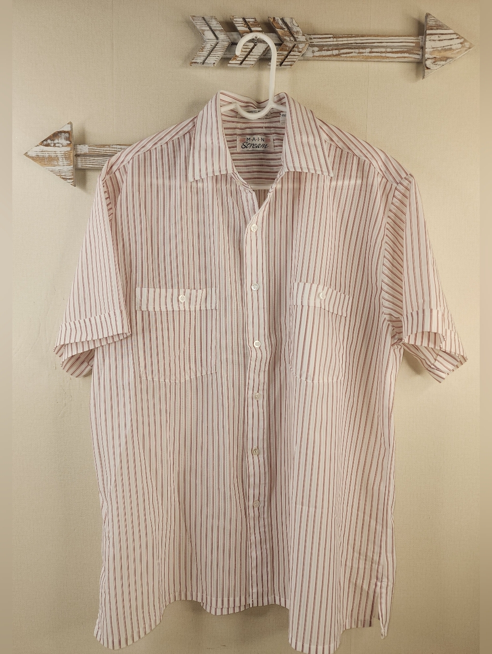 Men's Large Vintage Main Stream Red Stripe Dress Shirt
